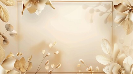 Floral background with golden frame and golden flowers in beige color. Wedding greeting card or invitation.