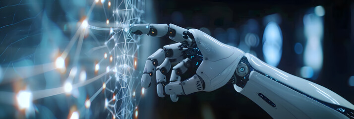 Wall Mural - Robot touching a computer screen with the icons shown on it, in the style of intertwined networks.