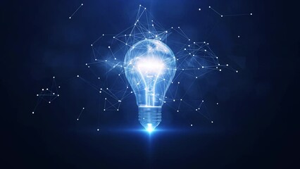 Poster - Electric light bulb bright polygonal connections on a dark blue background. Technology concept innovation artificial intelligence brainstorming business success.