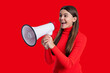 Teen girl with loudspeaker isolated on red. Sale announcement. Announce advertisement. Hurry up. Season sale. Promotion offering of sale. Teen girl announcer promote idea. Announcement concept