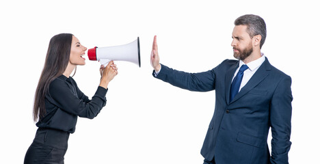 Poster - rivalry concept. business conflict. businesswoman yelling at employee with loudspeaker. businesspeople partner having conflict about promotion. businesspeople solving conflict. not accepting blame