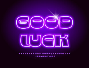 Wall Mural - Vector glowing card Good Luck. Violet Neon Font. Illuminated led Alphabet Letters and Numbers set.k_neon