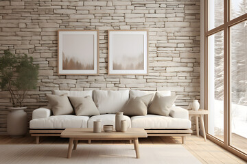 Wall Mural - Scandinavian farmhouse living room interior, wall mockup