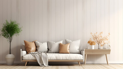 Wall Mural - Scandinavian farmhouse living room interior, wall mockup