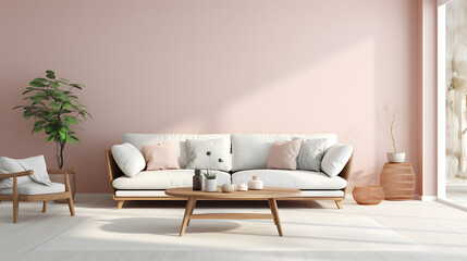 Wall Mural - Vintage room in light pastel colors with modern sofa and rattan table