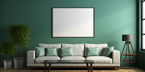 Wall Mural - Poster frame mockup in dark green living room interior, 3d render