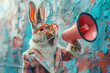 This colorful art collage features an easter bunny with a megaphone, promoting business discounts and job information, ideal for holiday ad campaigns and marketing promotions.