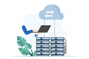 Sticker - concept of cloud computing, data center, file management, cloud storage, web hosting service. Database for documents and files. Upload and download data, file management. Data transfer, backup.