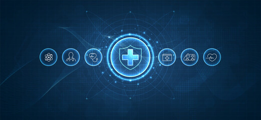 Health care medical science with icon digital technology world concept modern business. innovation, treatment, medicine. abstract about hi tech future blue background and medical research. vector.