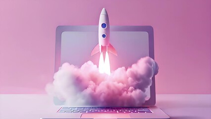 3D rocket in space with laptop computer Business startup and business growth concept