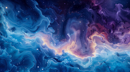 Wall Mural - abstract cosmic scene with swirling blue, purple, and orange nebulae, resembling flowing clouds of g