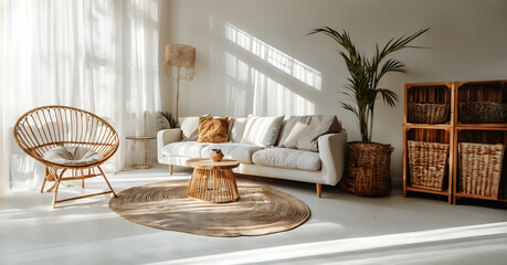 Wall Mural - Minimalist Living Room: White Couch, Coffee Table, and Potted Plant in a Bright, Airy Space