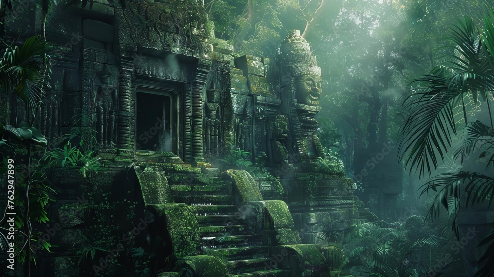 Mysterious ancient ruins in a lush jungle setting with intricate stone ...