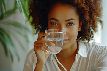 Wall Mural - A beautiful African American woman drinking a glass of water.