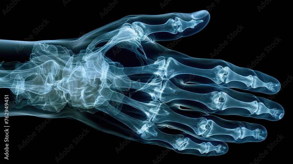 An X-ray image reveals the intricate structure of a human hand bone ...