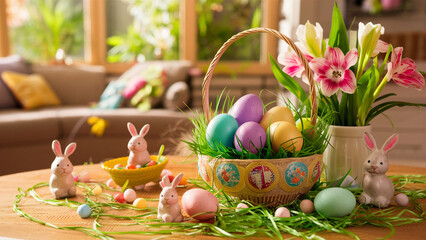 Canvas Print - Easter eggs and Easter bunnies on the table