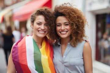 Wall Mural - Two women are smiling and holding a rainbow flag