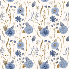 Wall Mural - vintage blue floral watercolor seamless pattern