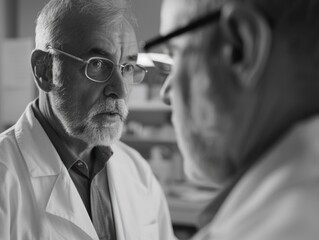 two men in lab coats are talking to each other