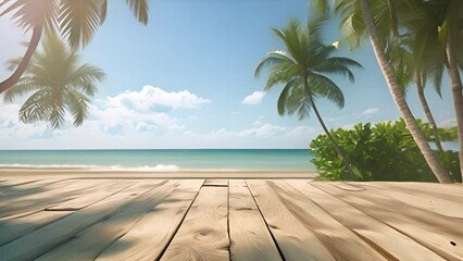 Poster - Wood floor beach with palm trees and sky