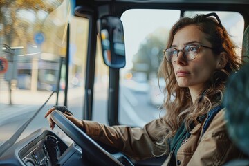 Wall Mural - Professional female bus driver behind steering wheel.