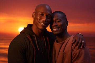 Wall Mural - Two men are smiling and hugging each other on a beach at sunset