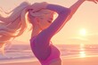 beautiful anime girl in stretching pose, standing on the promenade at the beach. realistic cartoon, digital art style, illustration. generative AI