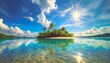 tropical island, water reflections, transparent blue water, dutch angle, sandy clean lake floor, bright blue sky, scattered clouds, noon vapor wave, Ai Generate