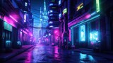 Fototapeta Londyn - The picture of the neon night time futuristic cyberpunk scifi metropolis yet bright with neon light that fill everywhere of metropolis and fill with tall building and long roadway at night. AIGX01.