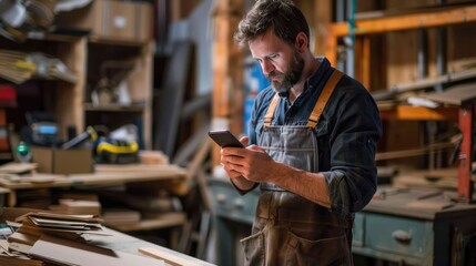 Carpenter man using mobile phone while working in a workshop.