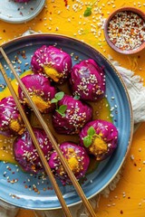 Poster - Beetroot sushi-style rolls on a plate with chopsticks,