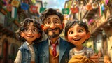 Fototapeta  - Colorful animated family portrait in a festive town setting. 3D animation still