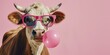 Adorable cow looking trendy in sunglasses and blowing bubble gum on a pink backdrop, adding a touch of humor and playfulness to any design concept or project.