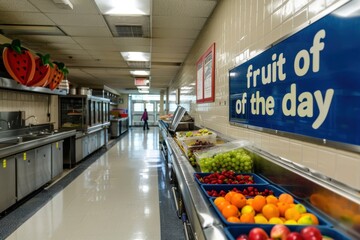 A school cafeteria with a sign saying 'Fruit of the day' promoting healthy eating, with a variety of fruits on display.