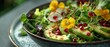 © TPS Studio - A gourmet garden salad adorned with edible flowers, avocado, and pomegranate seeds, served on a stylish plate.