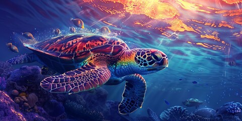 Wall Mural - A turtle swimming in the ocean with many fish around it