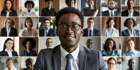 Canvas Print - A man in a suit is smiling at the camera in front of a group of people