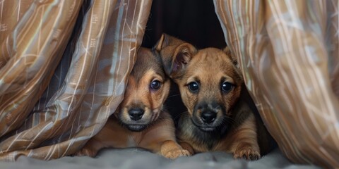 Poster - Two puppies are laying on a bed under a curtain