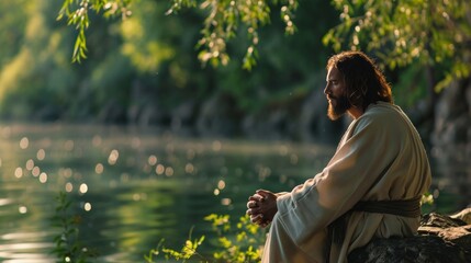 Jesus sitting by a serene lake