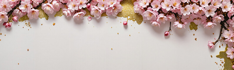 Wall Mural - Long rectangular banner with a light pink and white background, petals scattered across the surface. The overall aesthetic is feminine and soft, with a romantic feel. It could be used as a background 