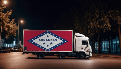Arkansas  flag on the back of white truck against the backdrop of the city. Truck, transport, freight transport. Freight and Logistics Concept