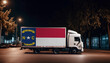 North Carolina  flag on the back of white truck against the backdrop of the city. Truck, transport, freight transport. Freight and Logistics Concept