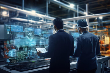 Two engineer using digital tablets at factory
