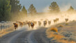 the energy and movement of a cattle drive, with dust and action in a rural setting