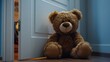 Cute brown Teddy bear toy sneak behind the door and surprise to congratulate the special day holiday festivals. game child, day care, welcome, kid day, shy childhood, party funny