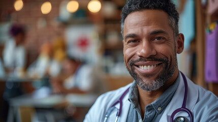 Wall Mural - A smiling man wearing a white coat and a stethoscope