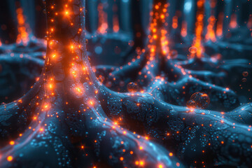 Wall Mural - The image is a close up of a forest of glowing roots