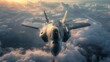 Head-on view of a state-of-the-art fighter jet flying high among sunlit clouds at sunset, displaying air superiority.