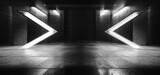 Fototapeta Perspektywa 3d - Cyber Arrows Neon Futuristic Sci Fi Tunnel Underground Garage Concrete Corridor Room Laser Spaceship Lights Gaming Room Tournament Background 3D Rendering