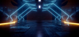 Fototapeta Do przedpokoju - Cyber Futuristic Sci Fi Tunnel Underground Garage Concrete Massive Room Laser Spaceship Blue Lights Gaming Room Tournament Background 3D Rendering